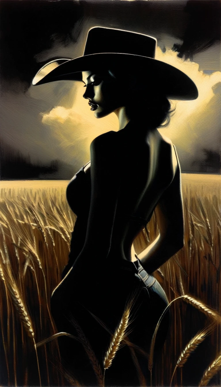 a sexy girl with a cowboy hat, in the middle of a wheat field, serious, staring, dark clouds, eroticism, sexy image, black and white, between shadows, oil painting, chiaroscuro, sensual lighting, dramatic atmosphere, changing, emotional impact, art inspired by Bill Sienkiewicz