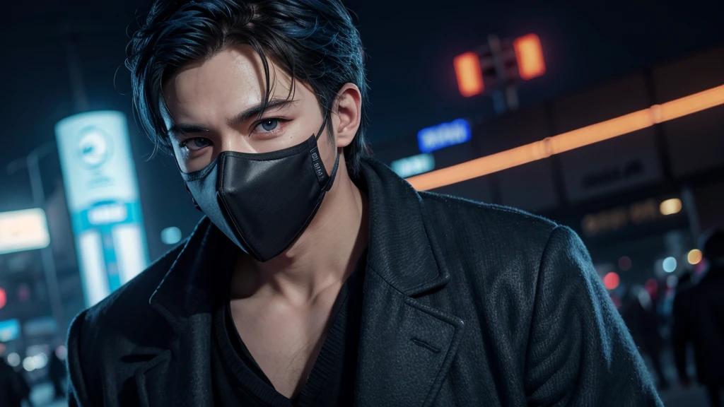 male character, wearing overcoat, face mask, eyes in the mask are neon blue, cos