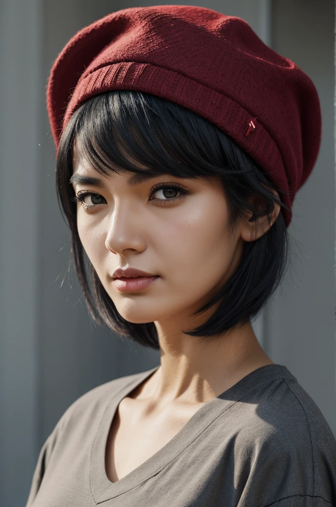 Draw a woman with a serious expression, short black hair, loose black shirt, red hat and an X-shaped scar at the corner of his lip