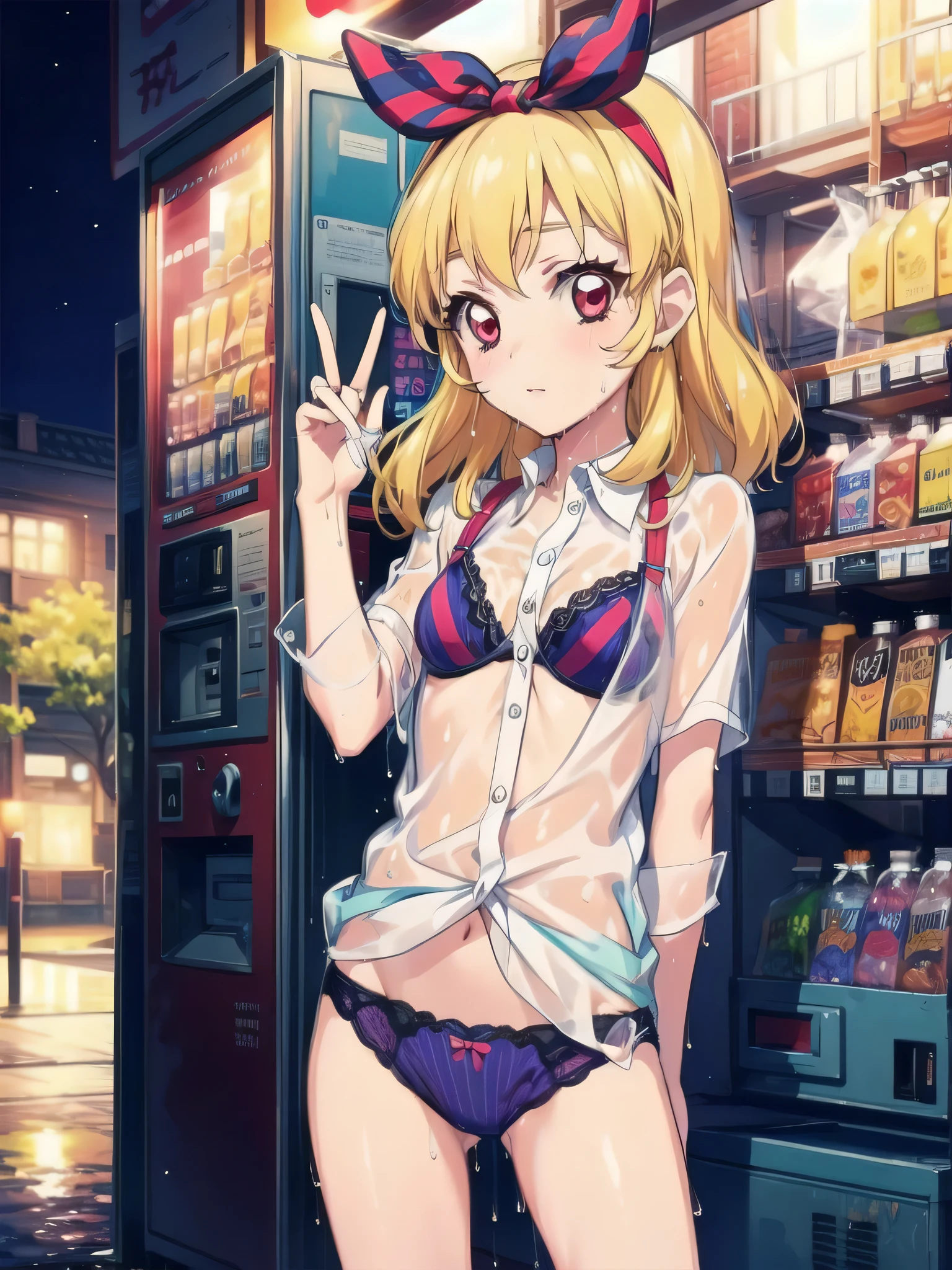 a girl with blonde hair and top standing in front of a machine, 1girl, vending machine, wet, blonde hair, striped, solo, shirt, underwear, wet clothes, see-through, panties, v, striped panties, outdoors, night, wet shirt, white shirt, red eyes, blush, bra, striped bra, looking at viewer, short sleeves,Ichigo Hoshimiya (Aikatsu!),wecl, see-through, wet, wet hair, bikini OR swimsuit under clothes, no bra, bra visible through clothes, misc shirts, misc clothes