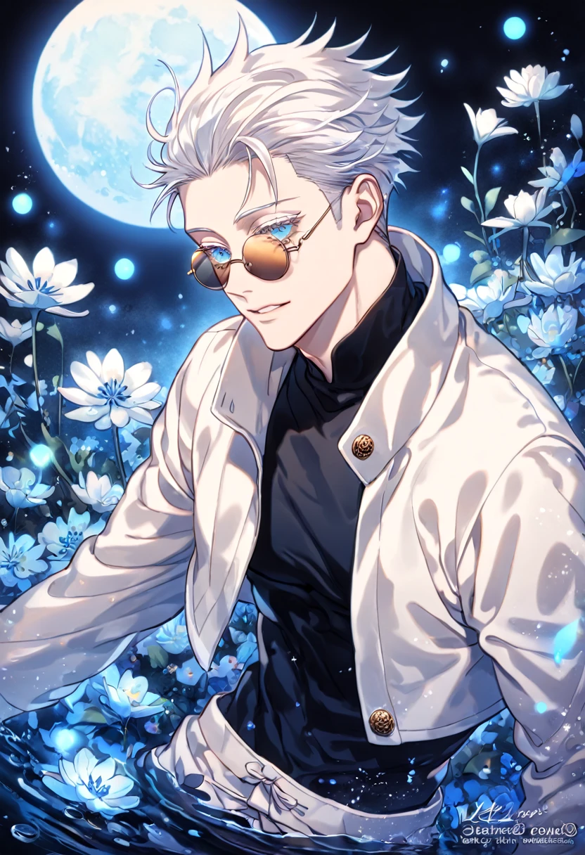 absurdres, highres, ultra detailed, HDR, master piece, Gojou Satoru, white hair, slicked back with bangs, white eyelashes, expressive blue eyes, amber round sunglasses, white cropped jacket, black shirt, Jujutsu Kaisen, sexy man, handsome, best quality, blue moon, flowers, fantasy, magical, solo, water, blue shining fireflies, blue petals, sensual,