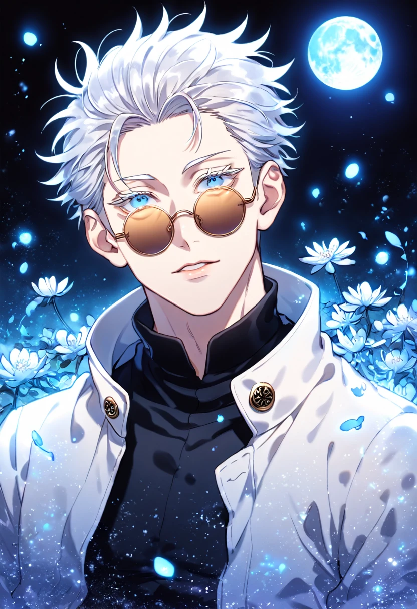 absurdres, highres, ultra detailed, HDR, master piece, Gojou Satoru, white hair, slicked back with bangs, white eyelashes, expressive blue eyes, amber round sunglasses, white cropped jacket, black shirt, Jujutsu Kaisen, sexy man, handsome, best quality, blue moon, flowers, fantasy, magical, solo, water, blue shining fireflies, blue petals, sensual,