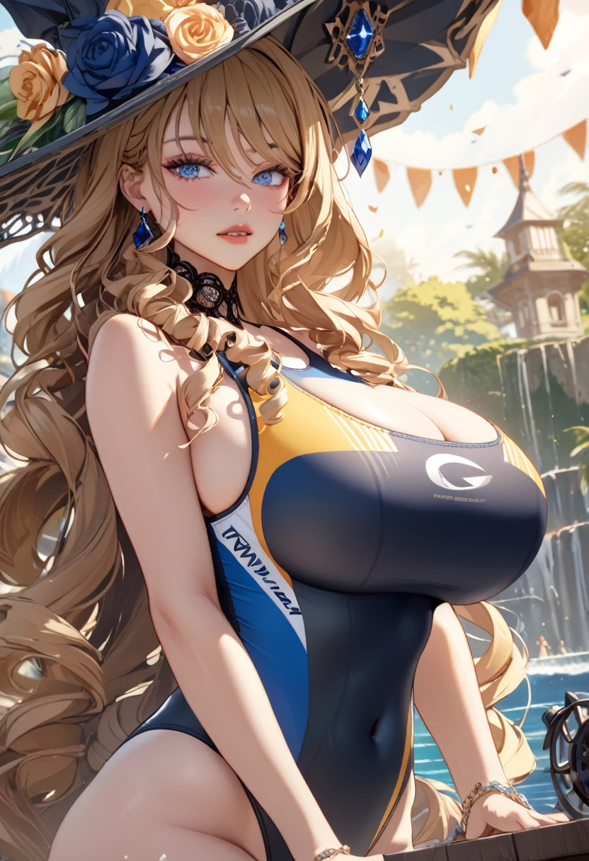 anime, ultra detailed, hyper detailed, best quality, highres, 4K , master piece, 1 female, 17-year-old,  Navia, competition swimsuit, gigantic, huge breast