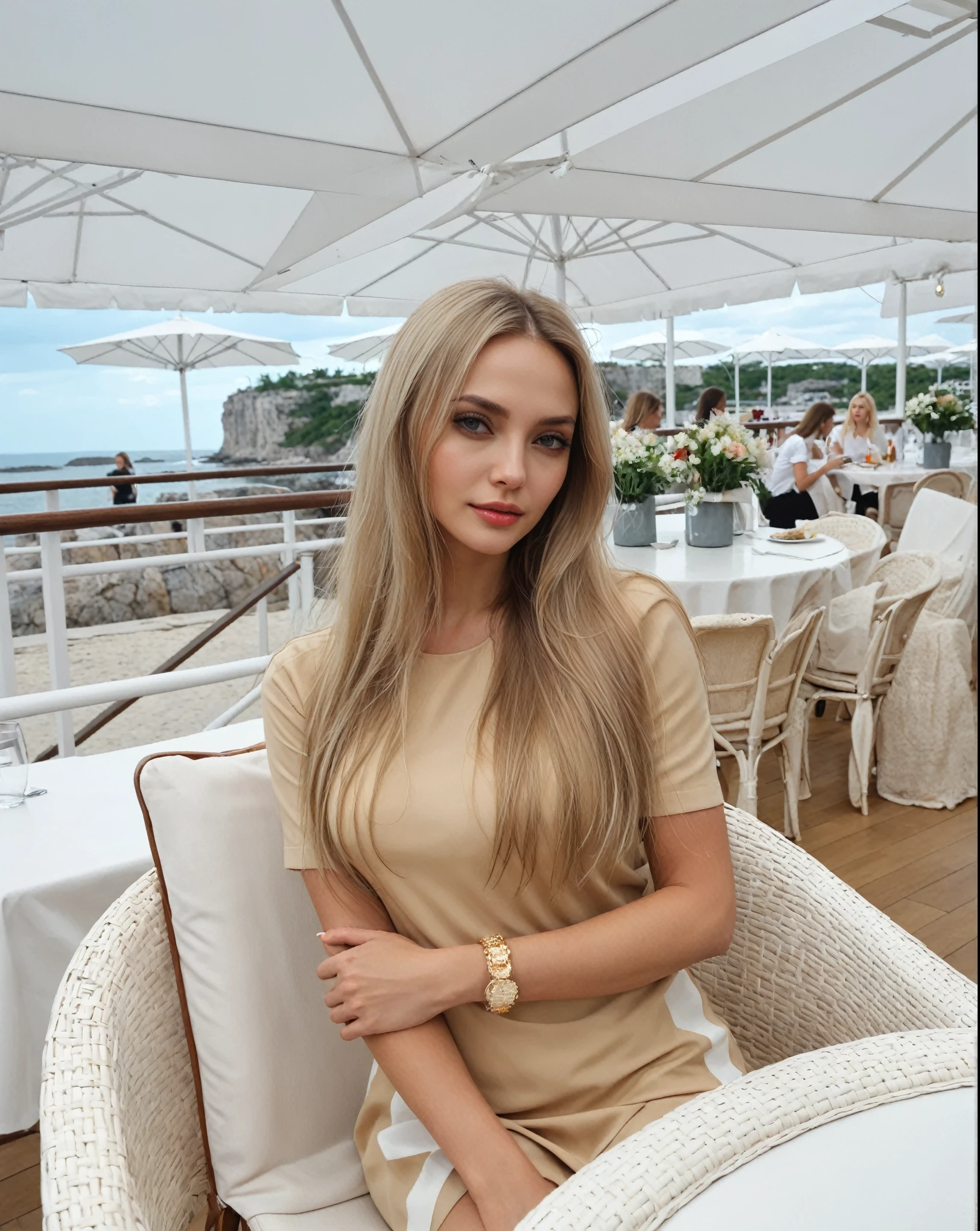 Blonde woman sitting on a chair in a restaurant overlooking the ocean., Angelina Stroganova, Victoria Gavrilenko, with long blonde hair, Alina Ivánchenko, Anastasia Ovchinnikova, brunette with dyed blonde hair, Aleksandra Waliszewska, Yulia Gorokhova, Style of Yulia Razumova, ekaterina