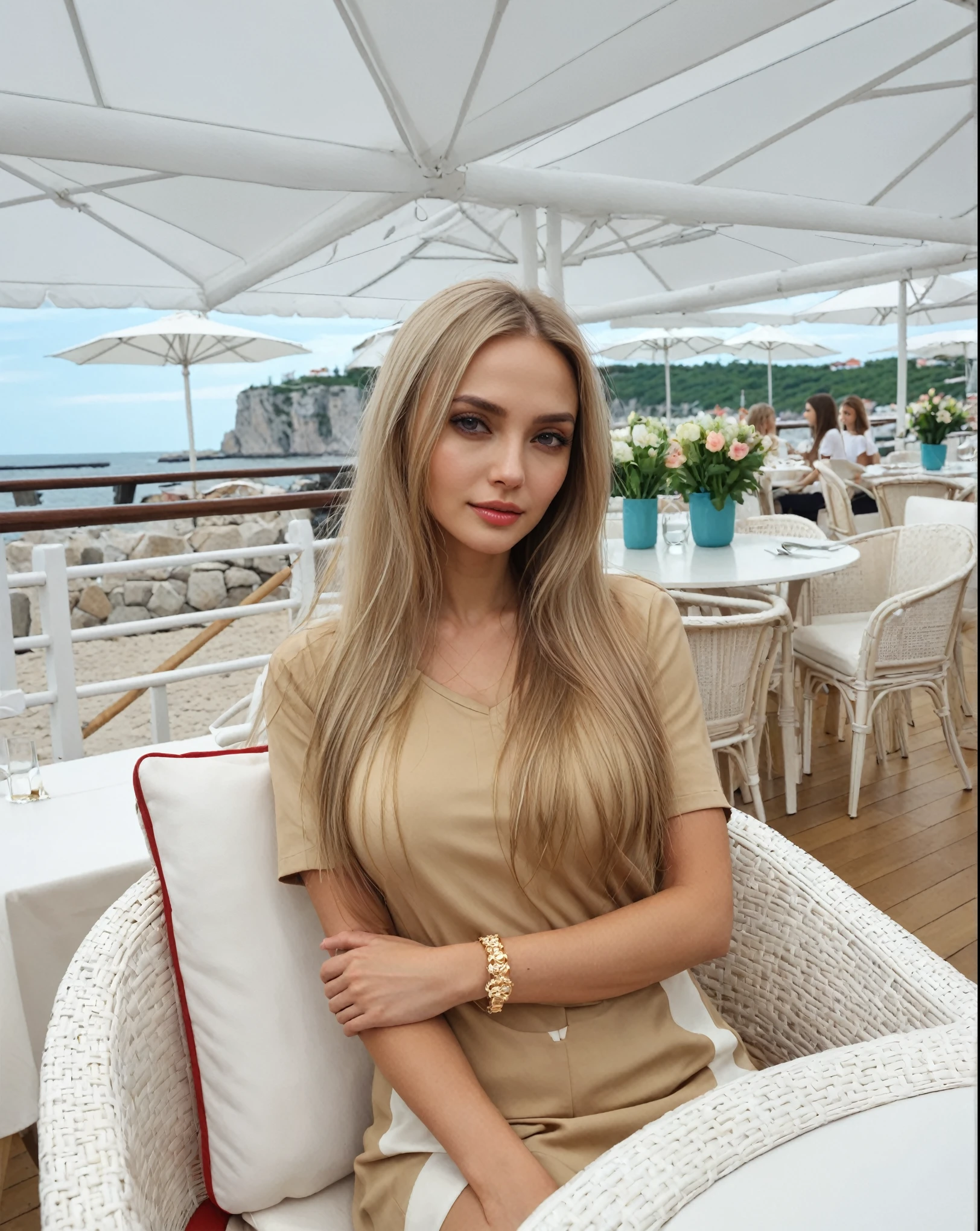Blonde woman sitting on a chair in a restaurant overlooking the ocean., Angelina Stroganova, Victoria Gavrilenko, with long blonde hair, Alina Ivánchenko, Anastasia Ovchinnikova, brunette with dyed blonde hair, Aleksandra Waliszewska, Yulia Gorokhova, Style of Yulia Razumova, ekaterina