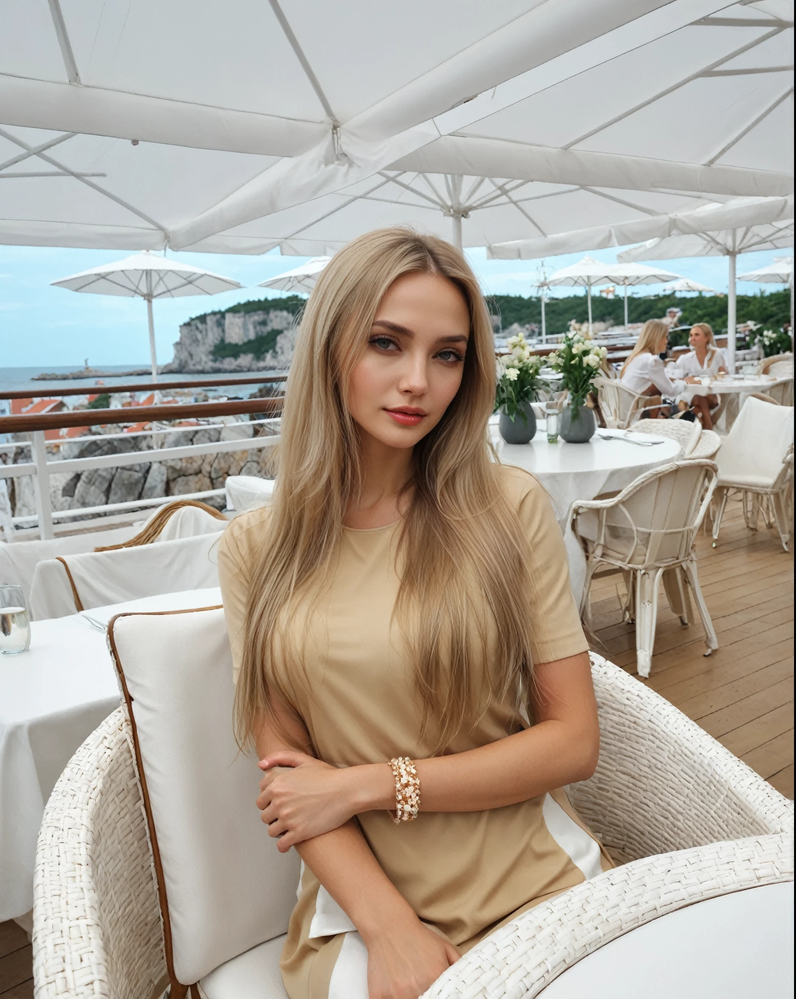 Blonde woman sitting on a chair in a restaurant overlooking the ocean., Angelina Stroganova, Victoria Gavrilenko, with long blonde hair, Alina Ivánchenko, Anastasia Ovchinnikova, brunette with dyed blonde hair, Aleksandra Waliszewska, Yulia Gorokhova, Style of Yulia Razumova, ekaterina