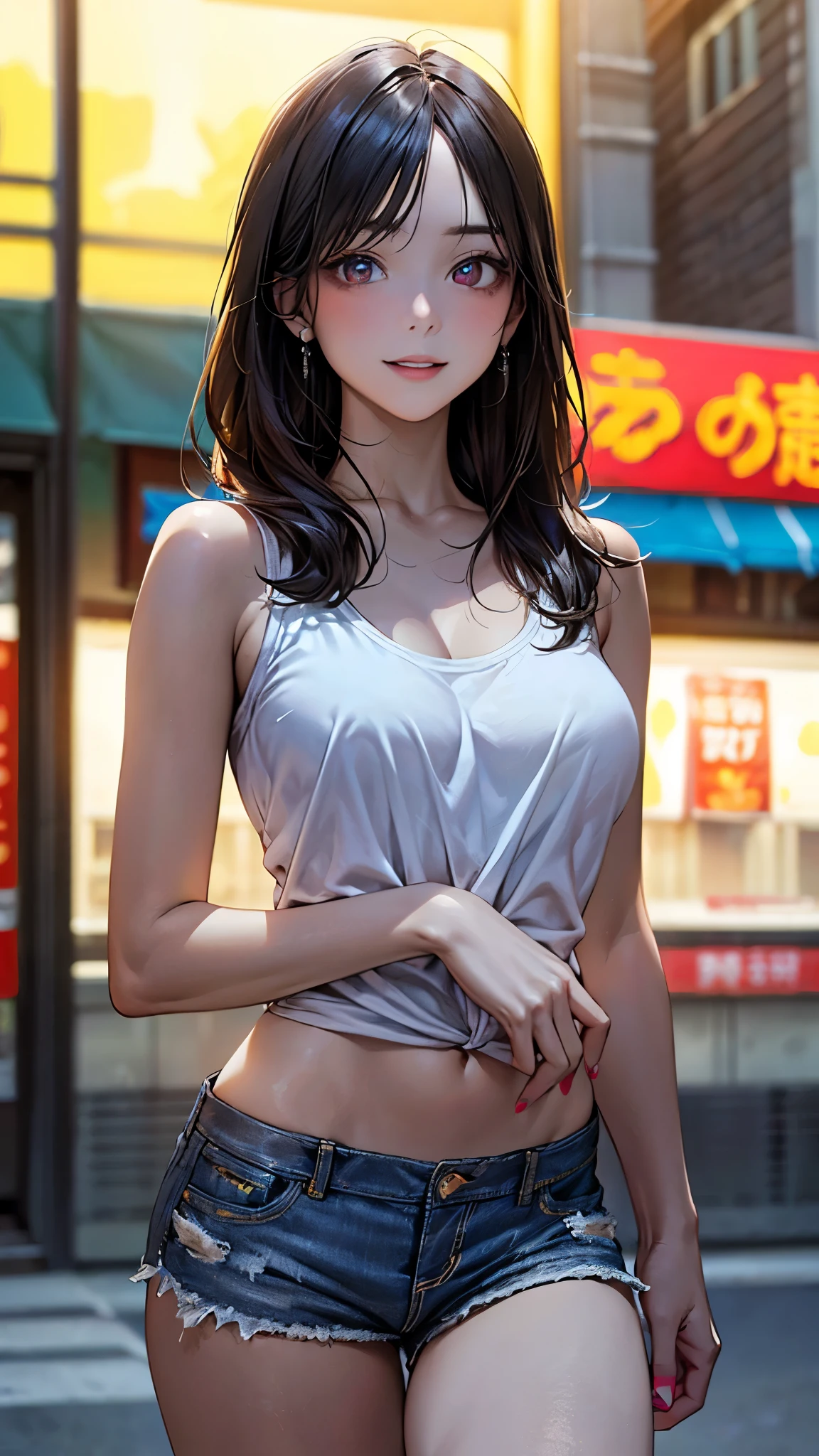(masterpiece:1.2, top-quality), (realistic, photorealistic:1.4), beautiful illustration, (natural side lighting, movie lighting), depth of field,
beautiful detailed hair, beautiful detailed face, beautiful detailed eyes, beautiful clavicle, beautiful body, beautiful chest, beautiful thigh, beautiful legs, beautiful fingers,
looking at viewer, (from below), cowboy shot, 1 girl, , (perfect anatomy, anatomically correct, super detailed skin), cute and symmetrical face, perfect face, perfect eyes,
(long hair, straight hair, black hair), swept bangs, pink eyes, long eye lasher, (large breasts, seductive thighs), perfect body, tan skin,
(black t-shirt, bare shoulders, bare belly, denim shorts), nail polishing, bare legs,
(beautiful scenery), (convenience store:1.3), outdoors, waiting for friends, rest walking, (lovely smile, parted lips),