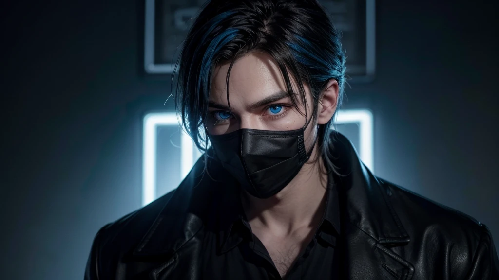 male character, with overcoat, black mask with neon blue eyes

