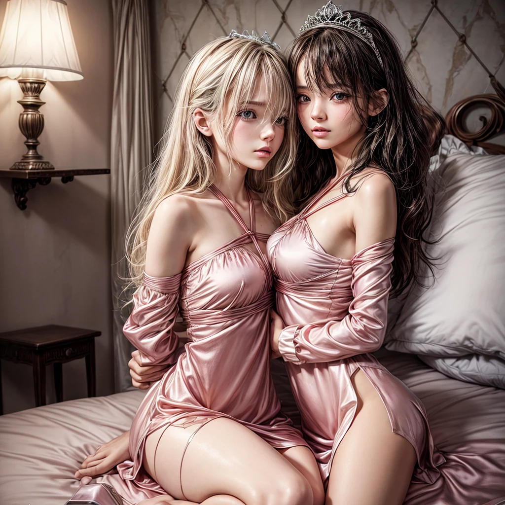 two girl kissing while they bound ,full body picture  in the castle's bedroom,glamour, fashion photo, vogue magazine, beautiful, 18 years old, girl with messy  hair, skinny, medium breast, pure eyes, makeup, details, higly detailed, Fashion Magazine, , sunset, rim light, cinematic lighting, long pink shiny satin dress and tiara,long sleeves, ,, (clear left side of the body:1.2), hair over right eye, ((disheveled hair)), sexy pose,bound,wet dress