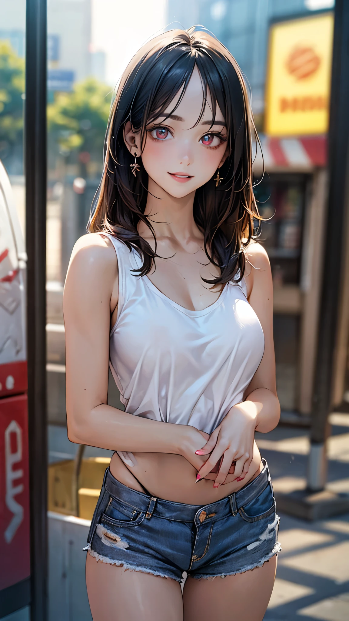 ((Realistic lighting、top-quality、8K、​masterpiece:1.3))、Clear focus:1.2、1girl in、Perfect figure:1.4、fullnude、Slim abs:1.1、((dark brown  hair))、(White crop top:1.4)、(outside of house、natta:1.1)、Street、Super fine face、Narrow-eyed、二重まぶた、