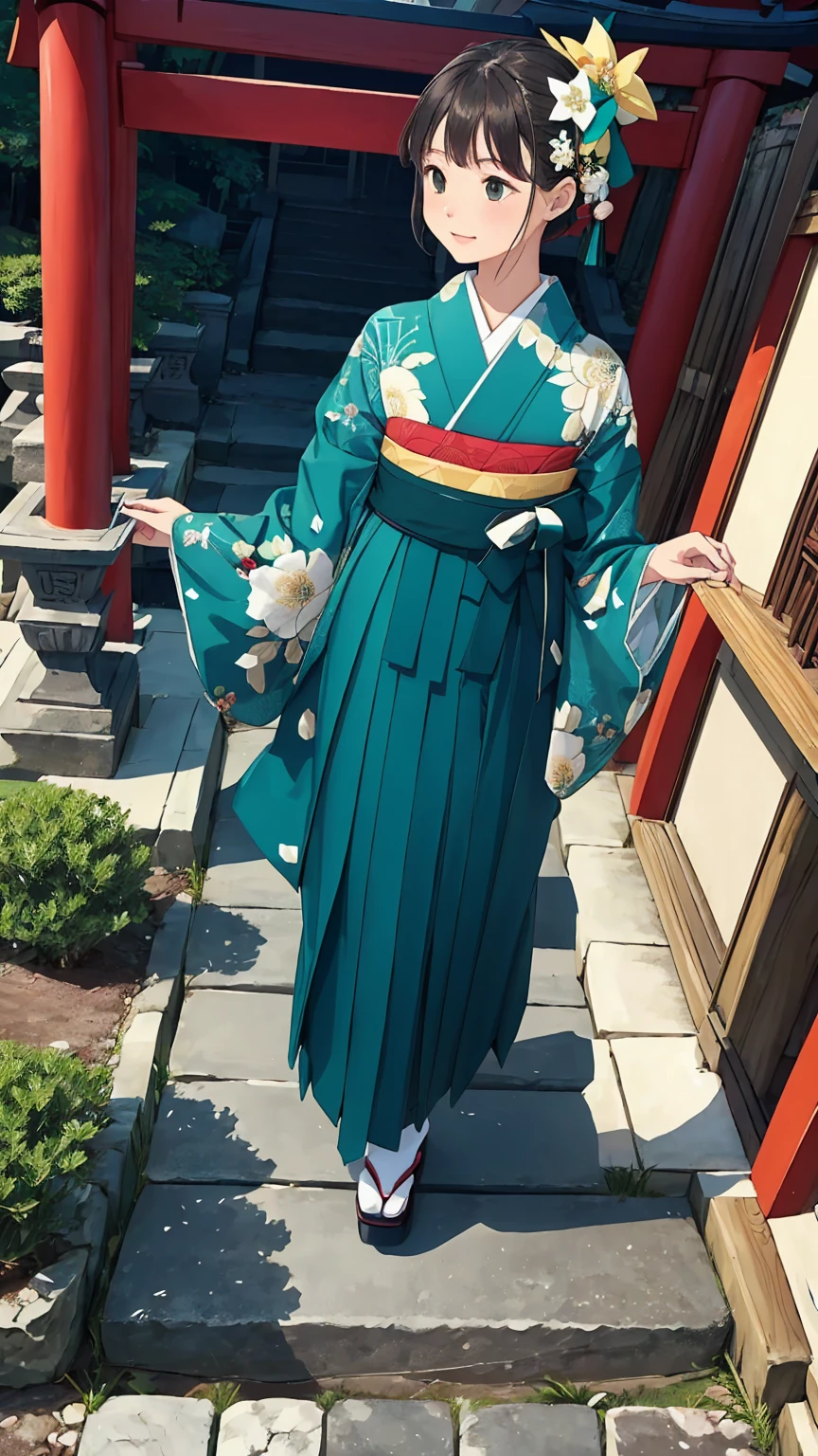 One girl, alone, From above, (White lily flower), beautiful, Complex, Highest quality, Detailed Background, Sayaka Miki, ((girl wearing a patterned teal kimono:1.2)), (Walking through a Zen garden), カジュアルなPause, Detailed Texture, Pause, fローラl print, Hair Flower, hair ornaments, kimono, kimono, heart, Outdoor, Pagoda, petal, (teal kimono), sash, shrine, null, Stone stairs, torii, Wide sleeves, yukata