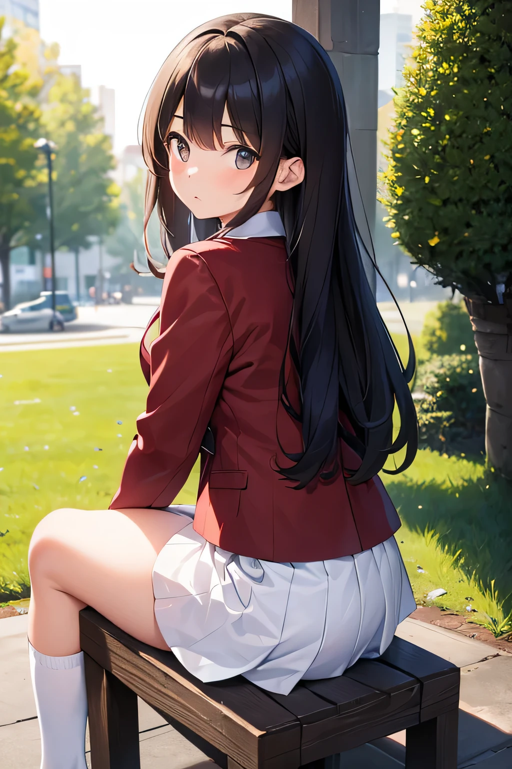 until, high quality solo girl, great resolution, Dark brown hair, long, skinny raised to one side, beautiful face, surprised look, wears a red jacket, white collared blouse, short white plank skirt, white socks and brown school shoes, is in a park, sitting in a small stone planter, reading a book, She turns back a little surprised., seen almost from behind her to the side, se ve puntil del cesped y hojas secas, and it's a fall afternoon with orange sunlight, Sunset