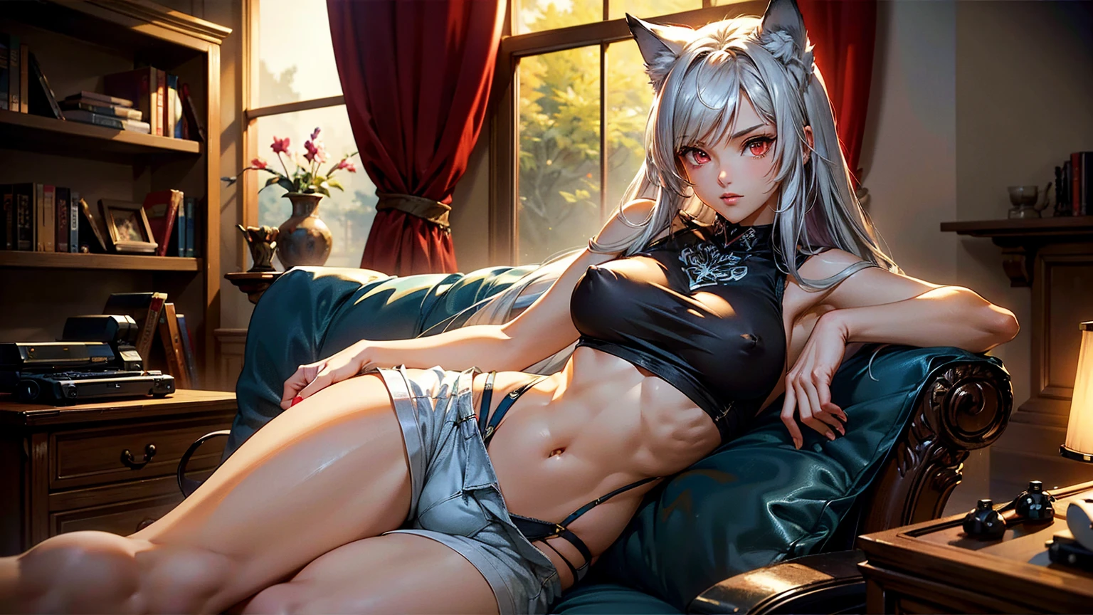 Create a top-quality image of a beautiful 20-year-old wolf girl. She has long silverish hair and red eyes, wearing a see-through tank top that barely covers her nipples, or alternatively, a crop top so short that the bottom of her breasts are exposed. She is also wearing short shorts or sleep shorts, highlighting her slender figure. The girl is sitting in a gaming chair in a dimly lit room with the window open, allowing a gentle breeze to flow in. She poses in a seductive manner, facing the camera. Her room is filled with nerdy items that show her love for video games and anime, including gaming equipment like a gaming PC, gaming desk, gaming chair, and gaming console, as well as anime posters and figurines. The image should exhibit high-quality visual artistry, with intricate details, capturing a cozy and alluring atmosphere.