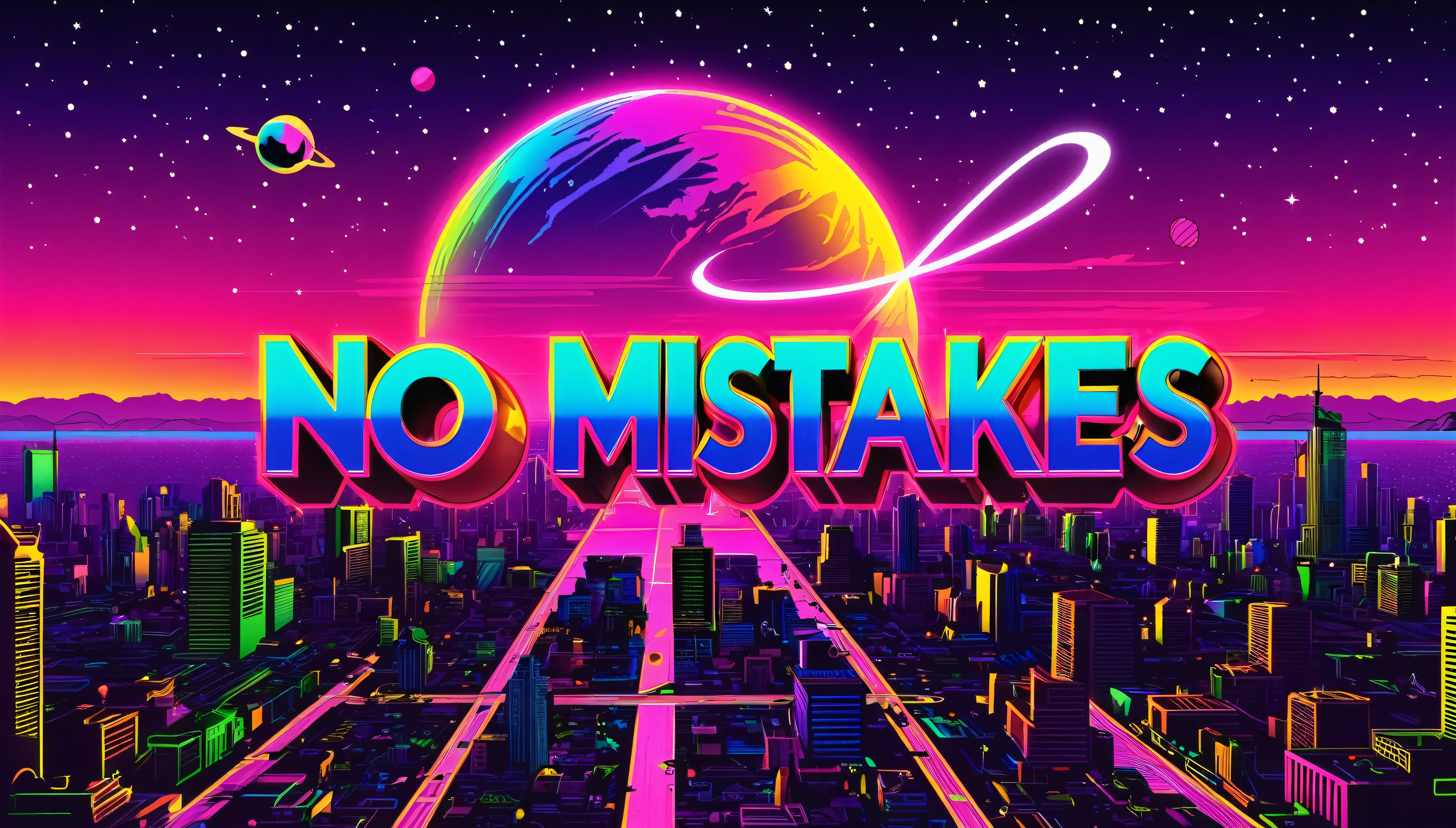 A video title card for a song titled 'No Mistakes' by a Jamaican artist named 'Jah Blaze.' The card features vibrant neon colors, retro 80s graphics, and bold fonts. The background includes elements of space, planets, and a cityscape to reflect the song's themes. The title 'No Mistakes' and the artist's name 'Jah Blaze' are prominently displayed in a flashy, 80s-inspired font.