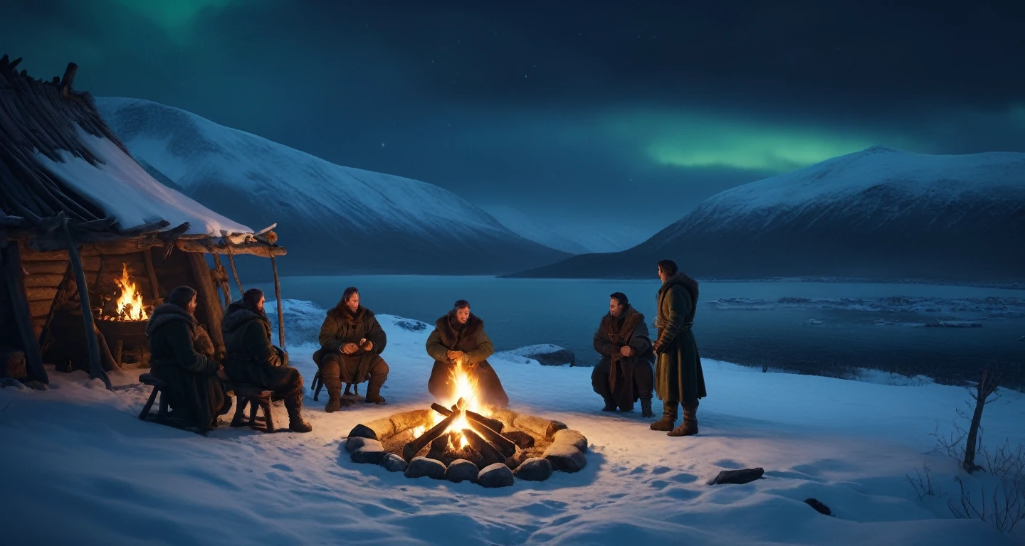 cinematic medieval fantasy scene, cinematic shot, dark blue and light green atmosphere, arctic tundra at night, group of villagers, campfire, cinematic lighting, detailed characters, warm firelight, snow-covered landscape, dramatic cloudy sky, dramatic lighting, moody atmosphere, painterly, fantasy art, hyper detailed, 8k, high quality, masterpiece