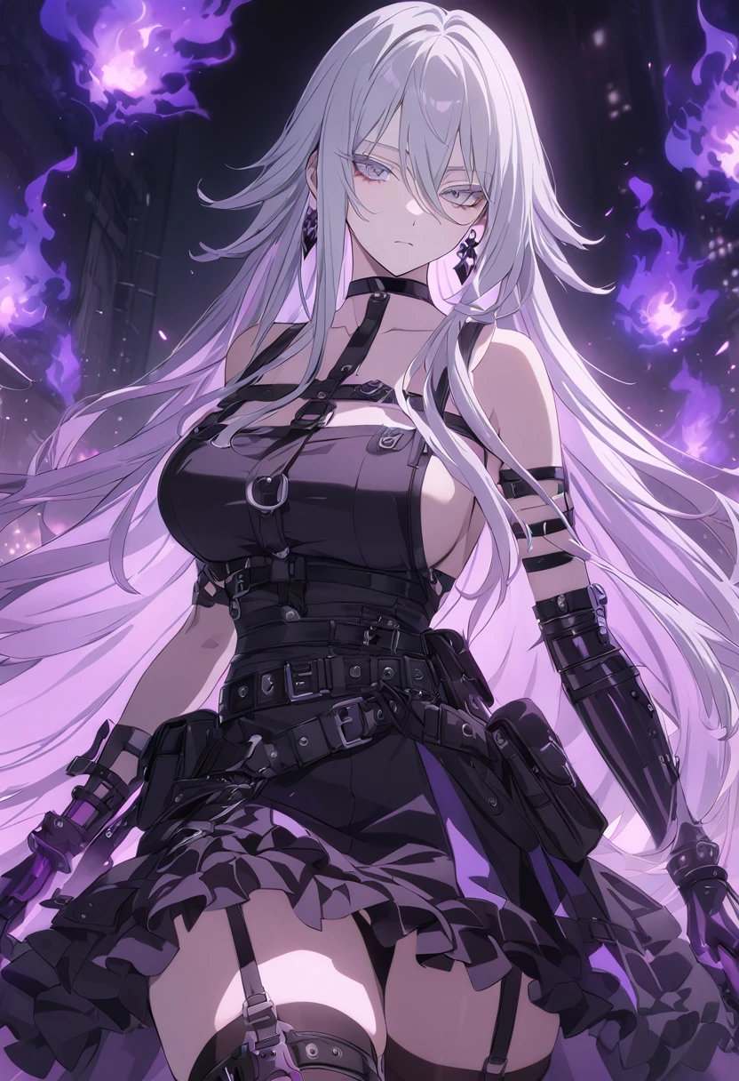 sovetsky_Soyuz, grey eyes, long hair, earrings, choker, webbed belt, tactical, pouches, chains, black maid outfit, apron, weapon Holster, webbed belt, tactical, pouches, frilly skirt, metal gloves, black thigh highs, Long eyelashes, eye shadow, long hair, first rate breasts, ominous vibe, expressionless, stoic, purple light glow, purple fire, shadowy, Ultra quality, UHD, high detail, anime aesthetic, Anime screenshot, Ultra quality, UHD, high detail, portrait