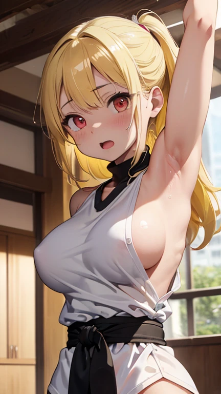mastute piece,Best Quality,insanely detailed,8k cg,nsfw,
(shoot upper body:1.3),
(1girls:1.3),standing,looking at viewr,body in front,(arms behind back:1.4),(martial-arts wear:1.3,white dogi:1.3),Martial arts uniform:1.3、BREAK,
blush,shy,(ecstasy face),(trembling:1.2),BREAK,(light yellow hair:1.3),
BREAK,
perfect breasts,perfect teats,(open mouth:0.9),(large breasts:1.2),
(dojo),dojo、