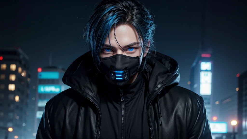 male character, with overcoat, black hacker-style mask with neon blue eyes