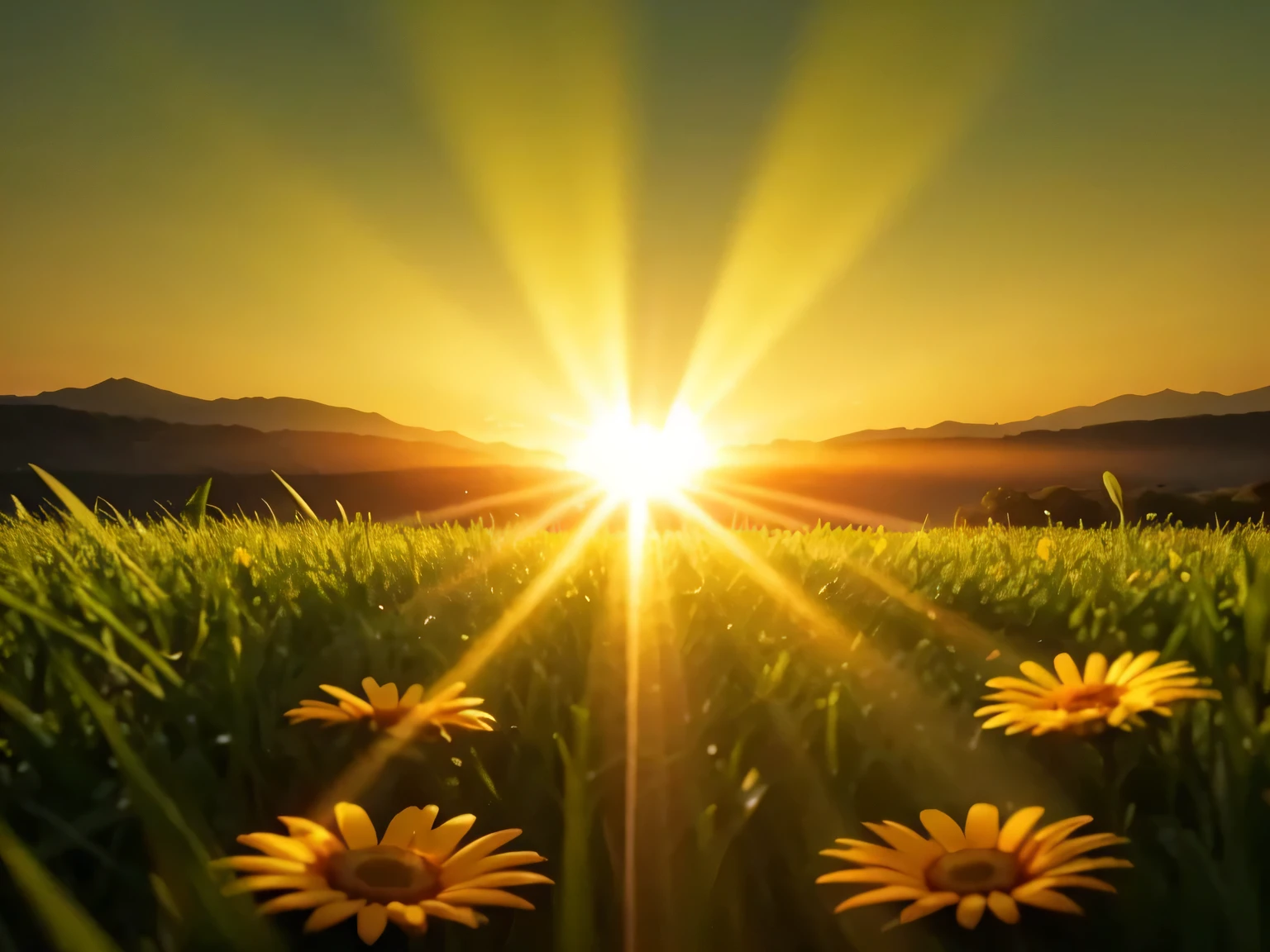 Image of Sun rays falling on green grass with colorful flowers The sun's rays need to be in the middle of the image and the image in the form of a landscape I just want grass with colorful flowers in the front of the image I don't want trees or mountains.
image of Sun rays falling on green grass with colorful real flowers in front of the image, no trees, without mountains and the image lying down
