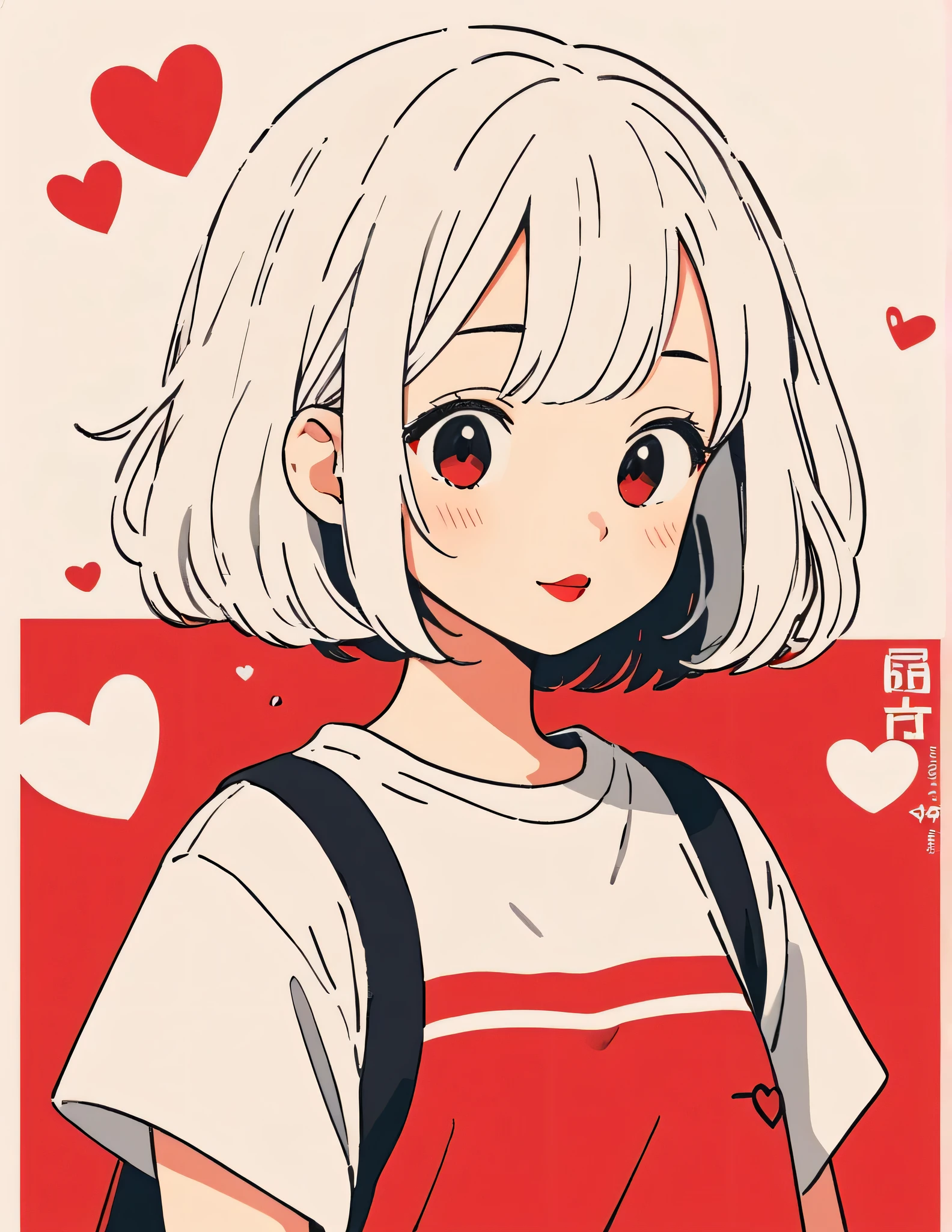 Hayao Miyazaki Red and White style, Simple Line Initialism，Abstract art，Urban Background, (((The most beautiful girl of all time))), Sweet face. Lips in love, colorful hearts, stylish design, 夏のオシャレなTシャツ, 黒い瞳