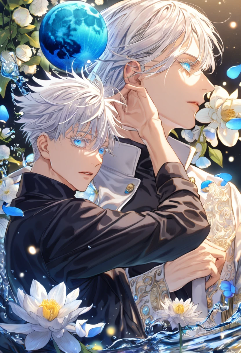 absurdres, highres, ultra detailed, HDR, master piece, Gojou Satoru, white hair, slicked back with bangs, white eyelashes, expressive blue eyes, amber round sunglasses, white cropped jacket, black shirt, Jujutsu Kaisen, sexy man, handsome, best quality, blue moon, flowers, fantasy, magical, solo, water, blue shining fireflies, blue petals, sensual,