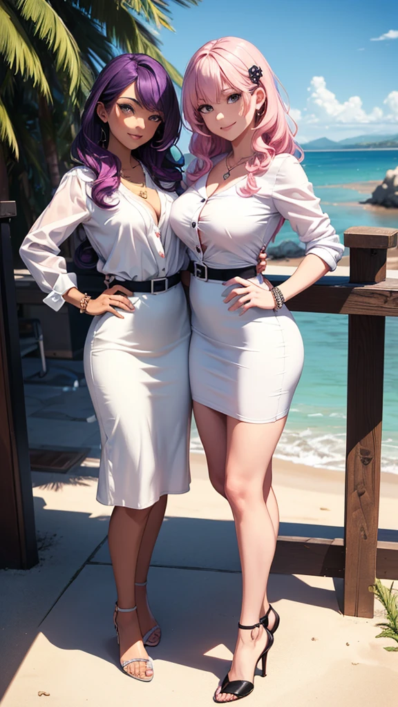 masterpiece, best quality, 2girls, two beautiful business women with wavy hair, pink hair, purple hair, hairpin, large bust, wearing white button shirt and black midi pencil skirt, sleeves rolled up, heels, necklace, bracelet, summer, beach, looking at viewer, posing together, light smile, full body, view from above, hand on hip,