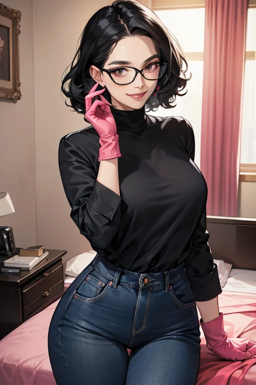 A mature woman with curly black hair and glasses, wearing a black long-sleeved high-neck shirt and blue jeans, smiling while wearing oversized pink rubber gloves in her room