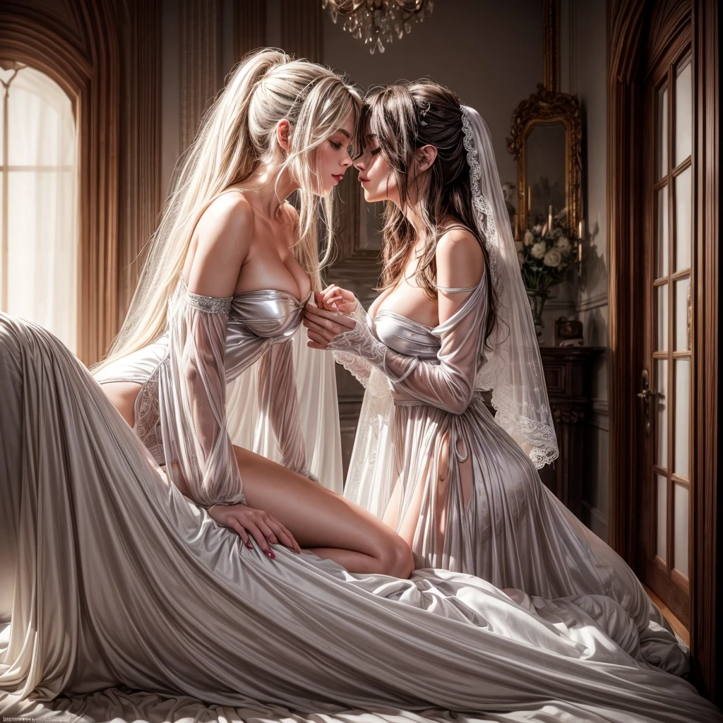 two woman kissing,full body picture in the castle's bedroom,glamour, fashion photo, vogue magazine, beautiful, 18 years old, girl with messy hair, skinny, medium breast, pure eyes, makeup, details, higly detailed, Fashion Magazine, , sunset, rim light, cinematic lighting, long white shiny satin dress and veil,long sleeves, ,, (clear left side of the body:1.2), hair over right eye, ((disheveled hair)), sexy pose