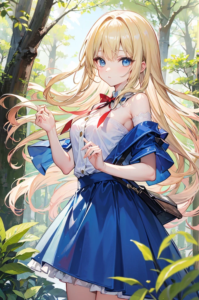 Alice漫游仙境,fairy tales,((Alice)),Light blond long hair,Blue Eyes,energetic and cute,In the forest,,(nsfw:0.8),