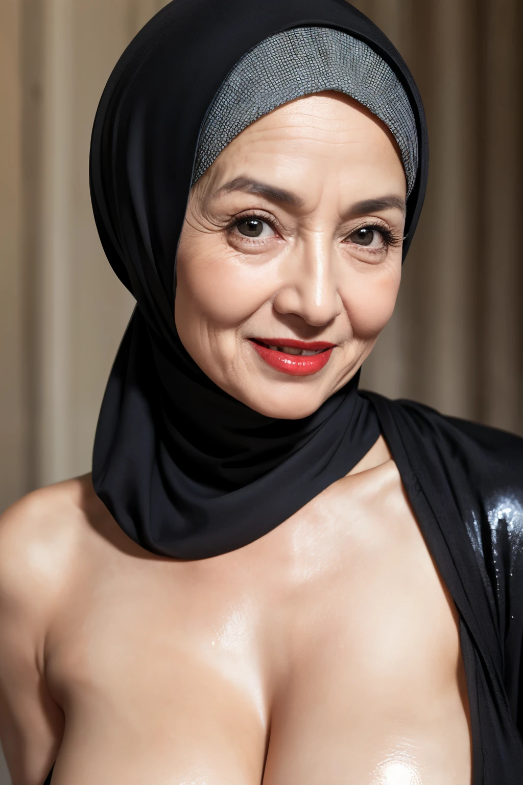 ((Naked red lips)), ((Old Lady :1.5)), (((VERY SHINY SKIN))), Very cute like a Matured Lady, ((Stylish Hijab)), adorable, 2 girl, 55 years old, , shy, half body portrait,smile,  (face details: 1), (eye details: 1), ((round large breasts, cleavage)). Cute posed. proportional body. (Black skin :1)