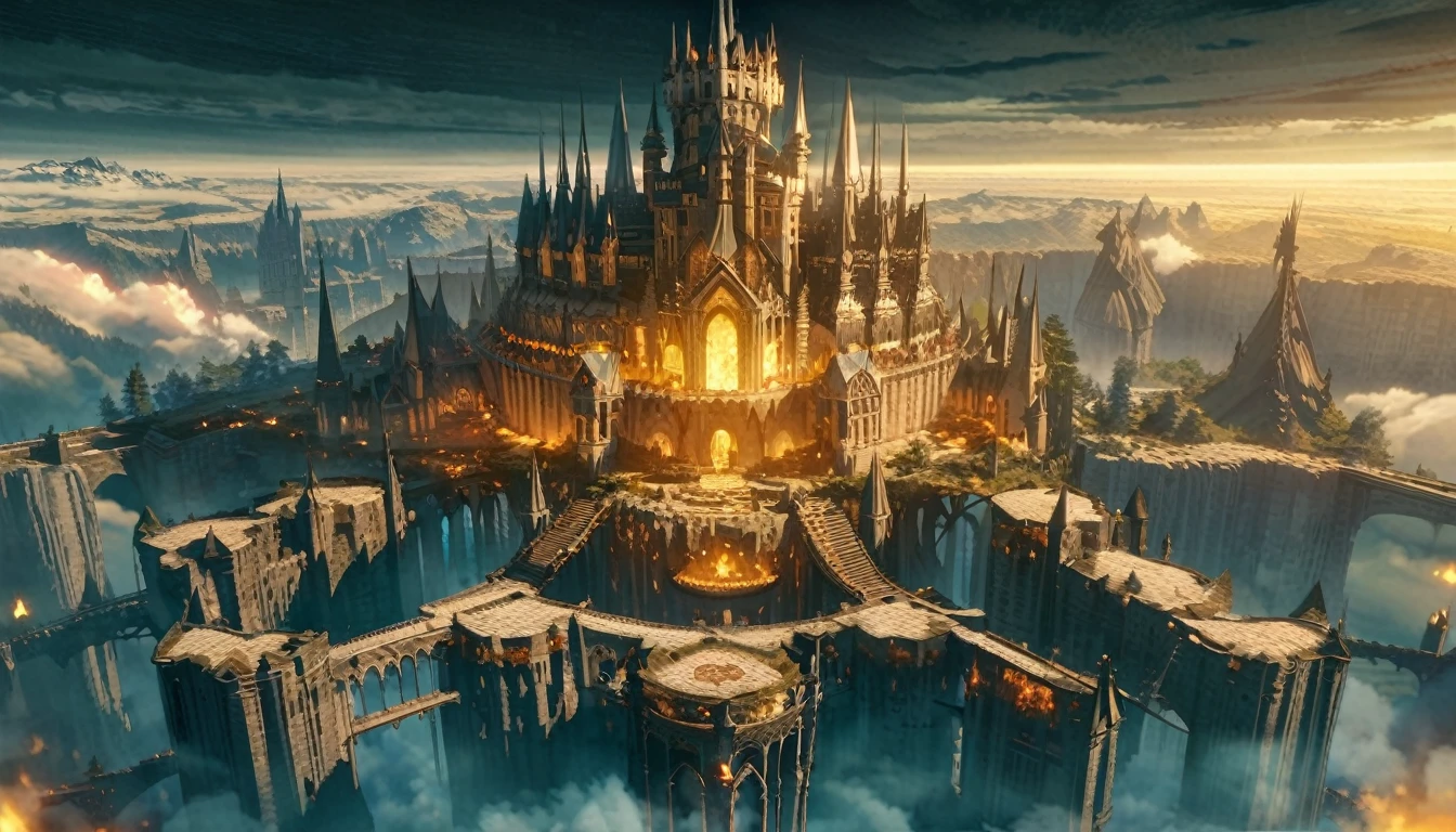  anime scenery, anime aestetics, gigantic castle, huge structure, medieval fantasy architecture, floating platforms, castle of final boss, holy fortress, very bright yellow bricks, epic structure, architectural masterpiece, elden ring fanart, elden ring architecture, dark fantasy, wide shot, from above, from outside, perspective, atmospheric perspective, highres, 8k, best quality, super detail, award winning, masterpiece