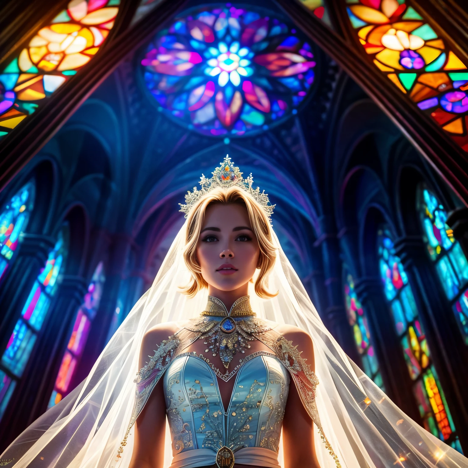 (White and Red) Grand Scale (Cathedral from below:1.28) ((ZoomLayer)) (TopQuality 8K (masterpiece (Professional photo))), (18yo((Grace Kelly))) (Detailed White WeddingDresses), Chain, (((Closeup of  detailed KAWAII face)with Veil)on Focused) {((VeiledFace))|BlondeHair|(Elaborate BuleEyes)with(SparklingHighlights:1.28)}, The background is distant (((Elaborate stained glass))) Rainbow Glass, {(MysticSight)|EnchantingAtmosphere|Haze|(GodRays)|TyndallEffect}, Radiant PearlSkin with Transparency, (Exposed:0.49) Corrected ChildishHand