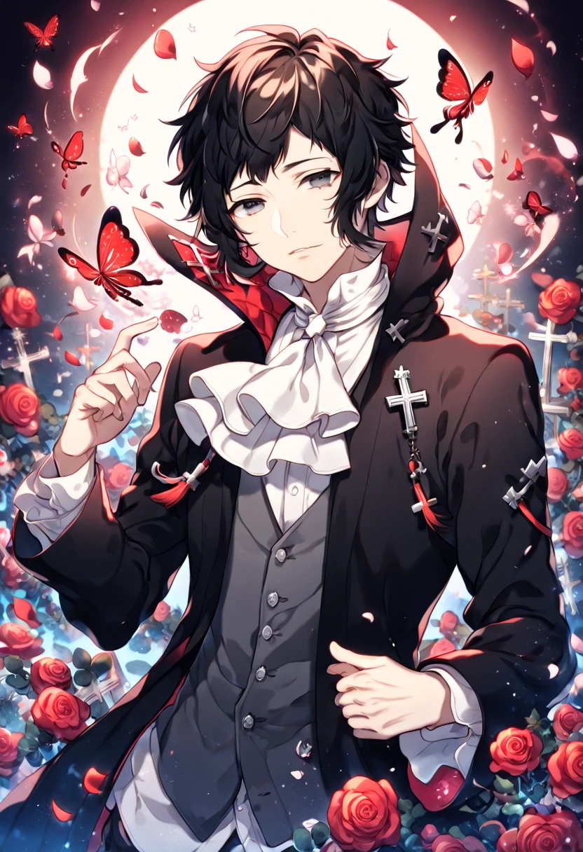 absurdres, highres, ultra detailed, HDR, master piece, best quality, extremely detailed, Akutagawa Ryuonosuke, black hair, expressive gray eyes, Bungou Stray Dogs, solo, sexy man, handsome, black coat with high collar, white shirt, white cravat, cross, red butterflies, petals, magical, red roses, fantasy