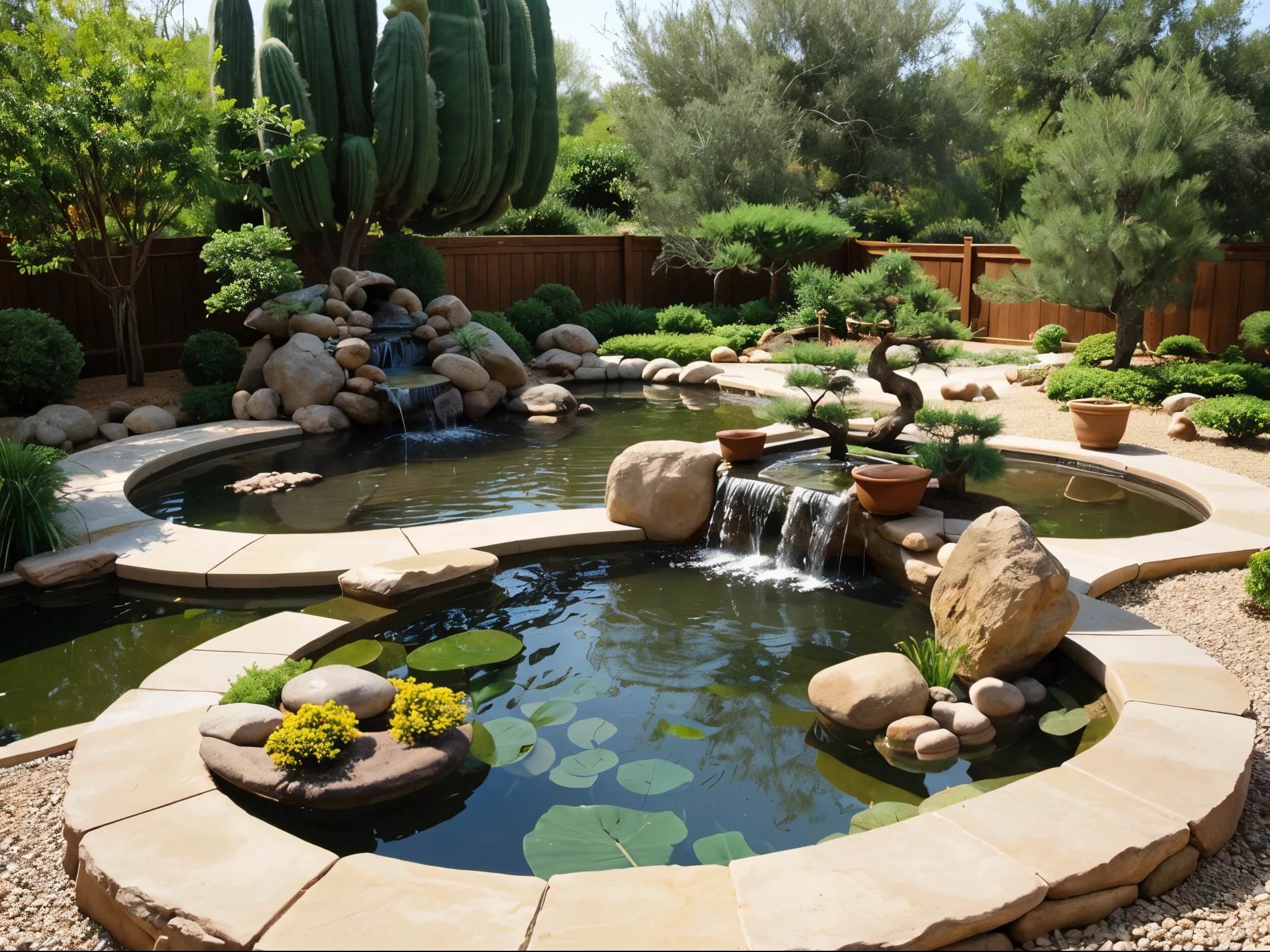 artificial garden, circular pond, lush bonsai garden, pottery, potted plant, desert garden, water stream,