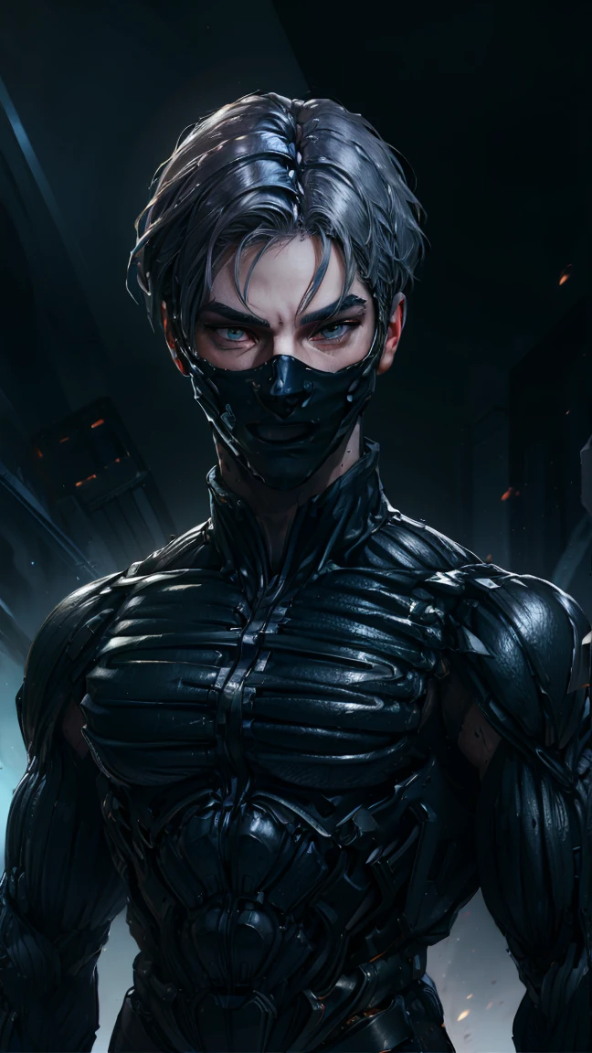 {Best Quality, 8k, Masterpiece}, [grey hair], [middle part haircut], [male], (grey eyes), (tech mask)