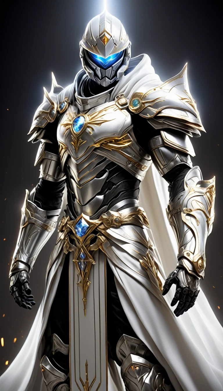 Masterpieces, male, Holy white Knight, Action style shot, Glowing silver colored Christian cross on chest made of a large gem on chest (Battle Priest in a warframe and halo style armor wielding a glass sword with radiant silver light, emanating potent silver light magic.), (action shot: brandishing radiant glass shield), (white, silver and silver color scheme), (5 gems on belt), (large Christian cross on chest and abdomen), (silver magic effects), (silver half cape and hood), white and silver tabard (solid gold color background), (silver magic background effects), centered, full body shot fighting, sci-fi knight, Halo master chief, vibrant colors, visible figure joints, cinematic shot, volumetric lighting, intricate pattern detail, highly detailed