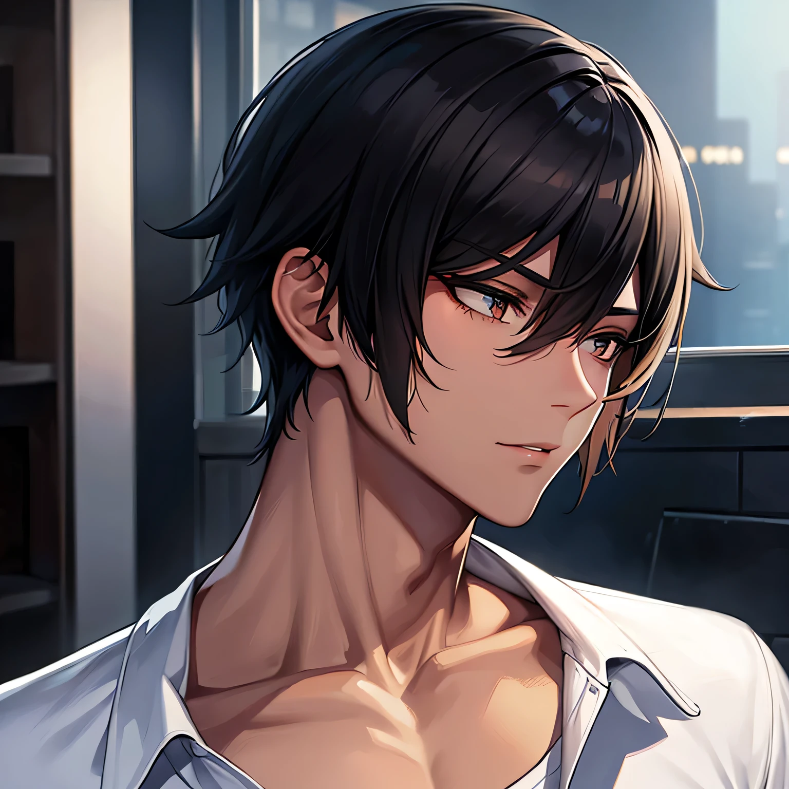 A man with short black hair, dark skin and sharp features 