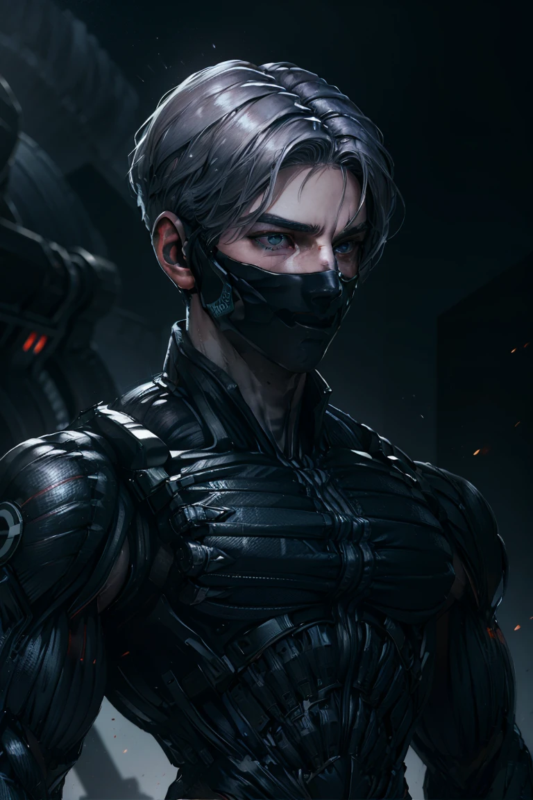 {Best Quality, 8k, Masterpiece}, [grey hair], [middle part haircut], [male], (grey eyes), (tech mask)