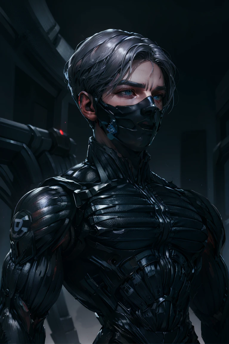 {Best Quality, 8k, Masterpiece}, [grey hair], [middle part haircut], [male], (grey eyes), (tech mask)