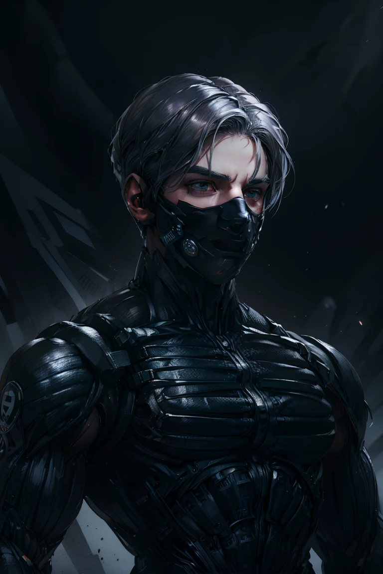 {Best Quality, 8k, Masterpiece}, [grey hair], [middle part haircut], [male], (grey eyes), (tech mask)