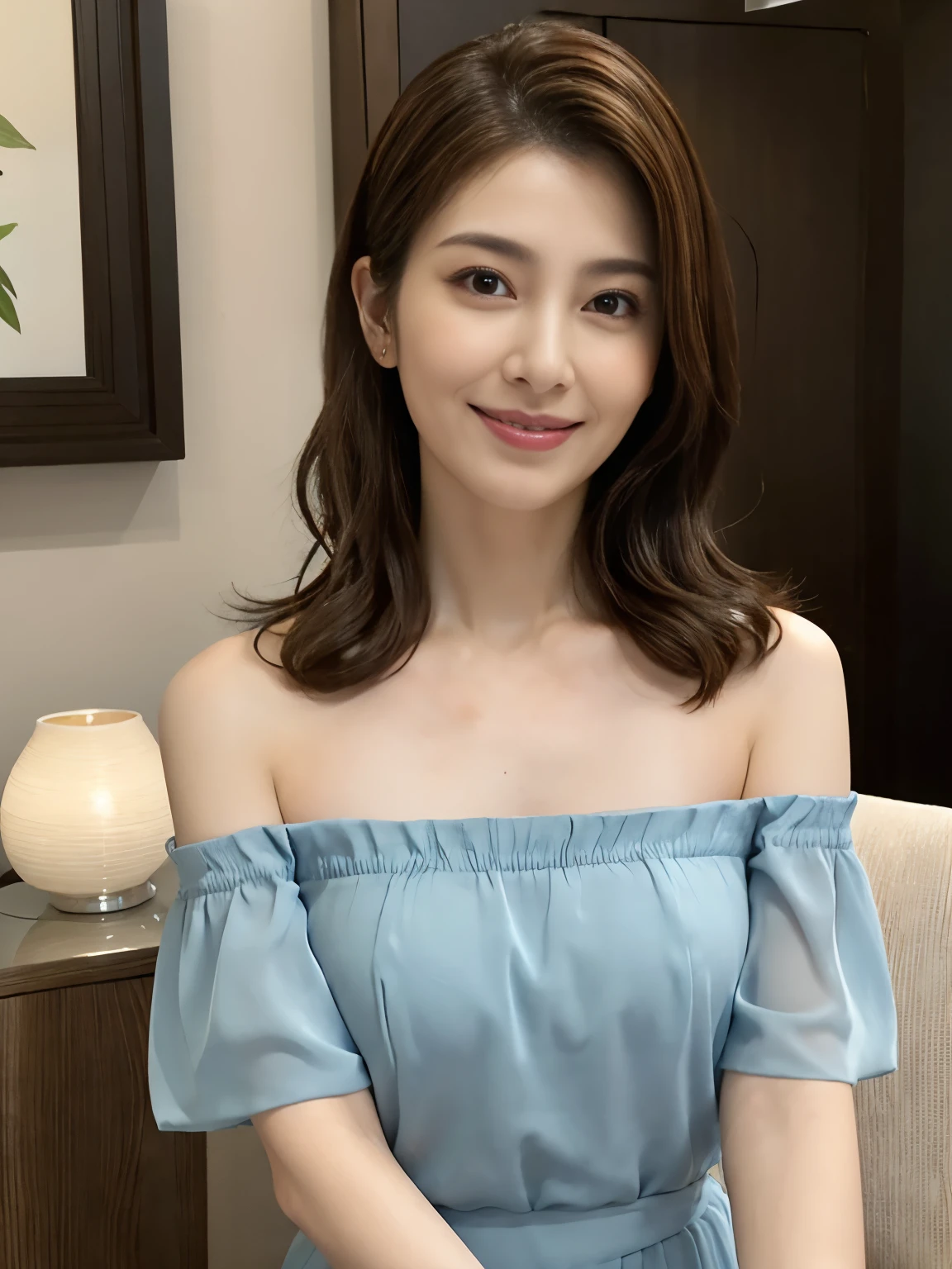 (Raw Photo), (Photorealsitic), (Masterpiece), (Best Quality), High Resolution, 8K, (Intricate Details), (Voluminous Light), Portrait, Female, (45 Years Old), Medium Straight Hair, layered hair, brown hair, very fine eyes, source order, very fine eyebrows, very fine skin, very fine mouth, very fine nose, cute like an idol, happy smile, (thick lips), (looking at the viewer), (Elegant Transparency blue Off the shoulder Short Sleeve dress), Normal chest, emphasize the chest area, waist shot, (Random body turning posture),