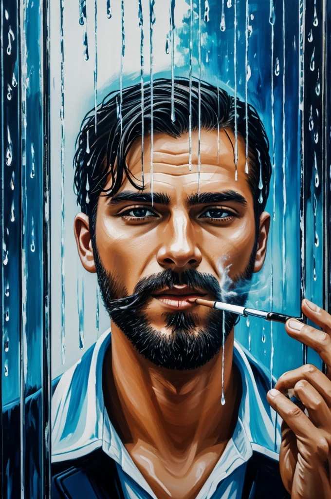 Acrylic painting of a man smoking under the rain looking through a glass