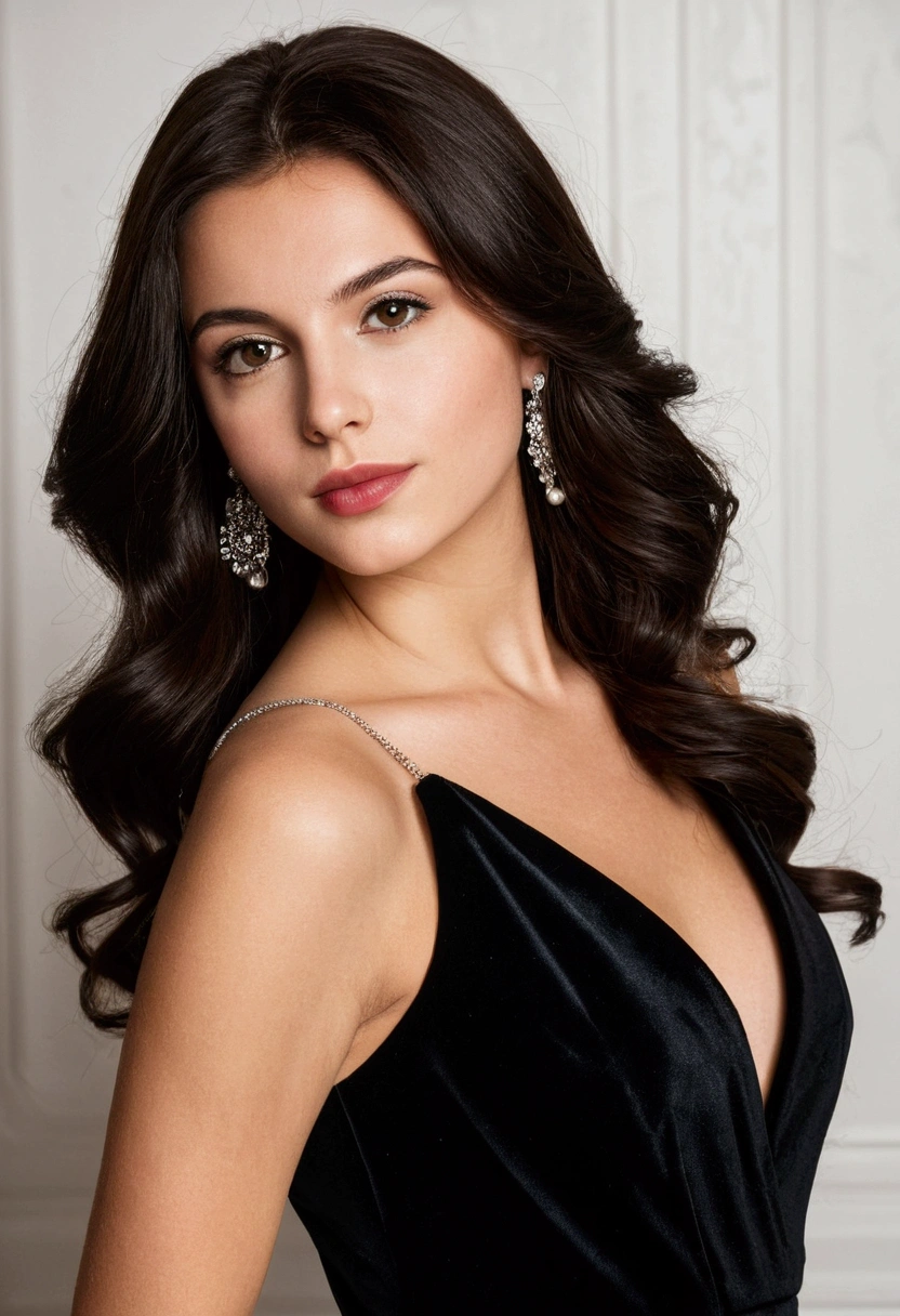 Beautiful beautiful and sexy European brunette, Age 22, girl wears designer black velvet dress, role model, 