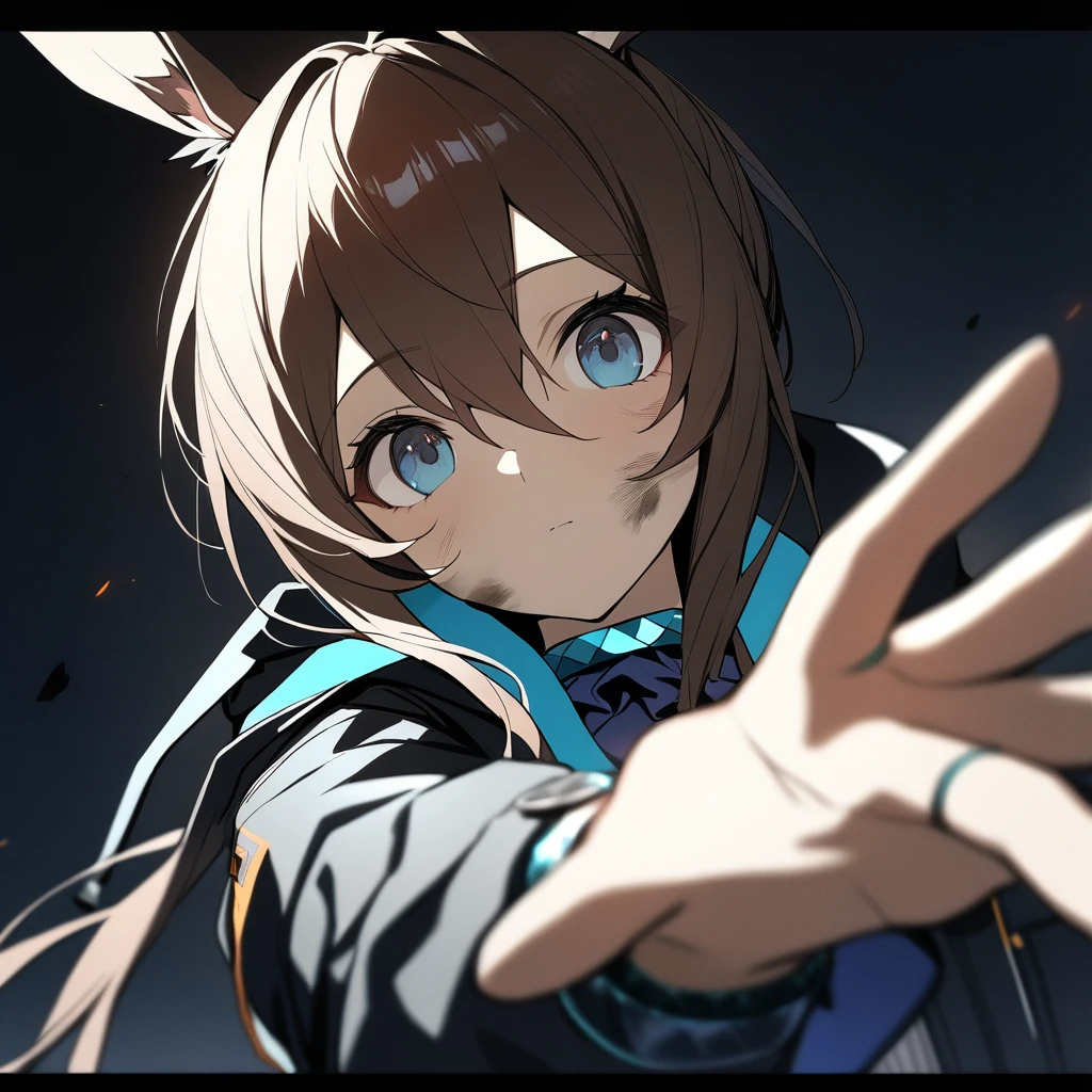 1girl, amiya \(arknights\), arknights, dirty face, outstretched hand, close-up, cinematic angle, foreshortening, dark, dark background, masterpiece, best quality