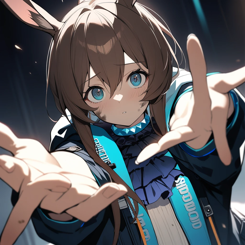 1girl, amiya \(arknights\), arknights, dirty face, outstretched hand, close-up, cinematic angle, foreshortening, dark, dark background, masterpiece, best quality