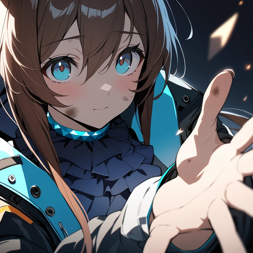 1girl, amiya \(arknights\), arknights, dirty face, outstretched hand, close-up, cinematic angle, foreshortening, dark, dark background, masterpiece, best quality