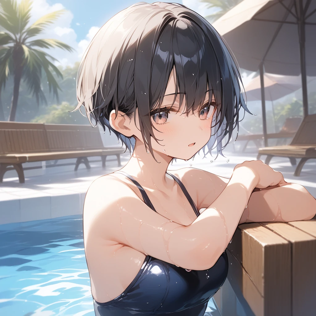 score_9, score_8_up, score_7_up, source_anime, best quality, masterpiece, official art, absurdres, highres, ultra-detailed,waifu2x,Collection: Slice of Life,break,1girl, tomboy, very short hair, pixie cut, breasts, beautiful detailed eyes, expressionless, swimsuit, beautiful detailed eyes, wet, sweat, open mouth, sleepily, outdoors, pool, bench,break,(clear line illustration:1.2), super detailed skin,very high resolution, very aesthetic, Best sexual lighting powered by famous artist, 8k,cute picture,beauty illustration,photoshop_(medium),,(Detailed Lighting),best anime 8k konachan wallpaper, pixiv contest winner,