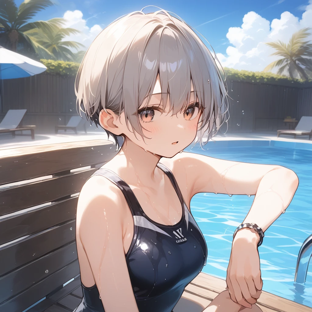 score_9, score_8_up, score_7_up, source_anime, best quality, masterpiece, official art, absurdres, highres, ultra-detailed,waifu2x,Collection: Slice of Life,break,1girl, tomboy, very short hair, pixie cut, breasts, beautiful detailed eyes, expressionless, swimsuit, beautiful detailed eyes, wet, sweat, open mouth, sleepily, outdoors, pool, bench,break,(clear line illustration:1.2), super detailed skin,very high resolution, very aesthetic, Best sexual lighting powered by famous artist, 8k,cute picture,beauty illustration,photoshop_(medium),,(Detailed Lighting),best anime 8k konachan wallpaper, pixiv contest winner, 