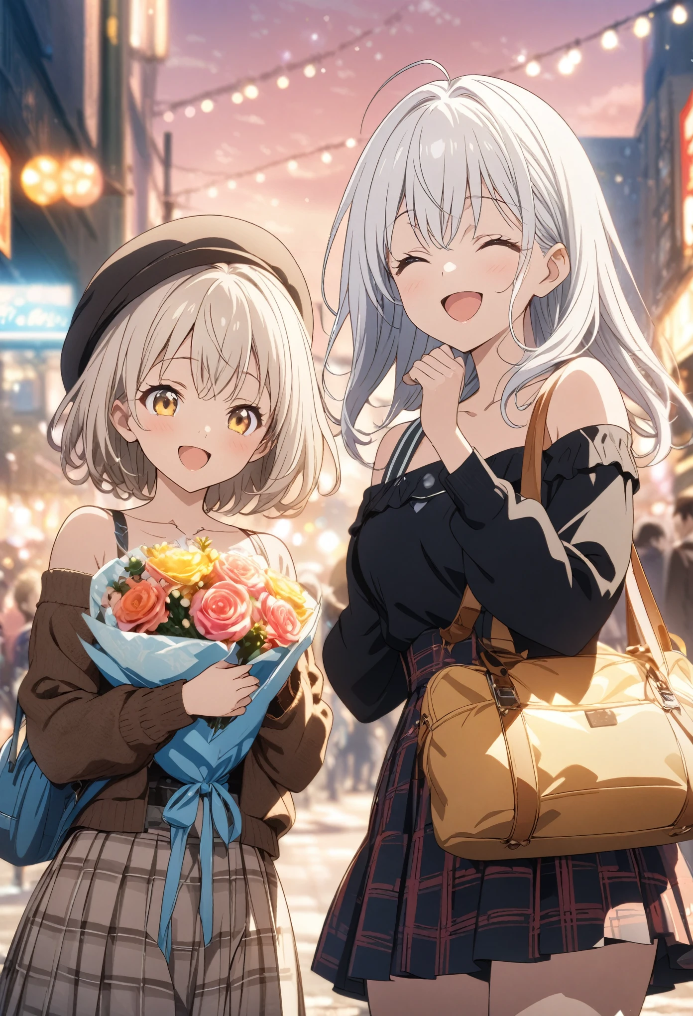 Two Girls, Holding a colorful bouquet, masterpiece, Highest quality, Highly detailed CG Unity 8K wallpapers, High School Girl Anime Illustration, wearing off-the-shoulder clothes, She is wearing a red and black checked skirt.., She closes her eyes and opens her mouth wide, smile. white hair color, Yellow Eyes, Bokeh, Street Style Fashion, Wear a hat, Shoulder bag included, Lens flare, The Rising Sun, Pink Sky, The background is the cityscape, Bokeh photo, (Soft Focus): 1.2, Out of focus highlights, Dreamy atmosphere, Fascinating Depth