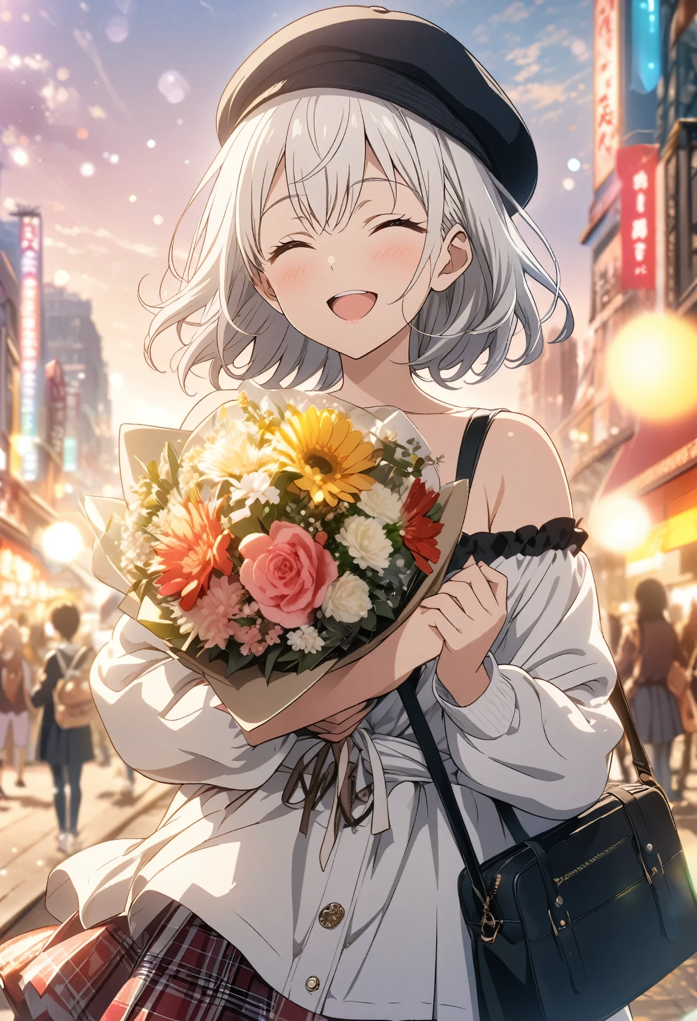 Two Girls, Holding a colorful bouquet, masterpiece, Highest quality, Highly detailed CG Unity 8K wallpapers, High School Girl Anime Illustration, wearing off-the-shoulder clothes, She is wearing a red and black checked skirt.., She closes her eyes and opens her mouth wide, smile. white hair color, Yellow Eyes, Bokeh, Street Style Fashion, Wear a hat, Shoulder bag included, Lens flare, The Rising Sun, Pink Sky, The background is the cityscape, Bokeh photo, (Soft Focus): 1.2, Out of focus highlights, Dreamy atmosphere, Fascinating Depth